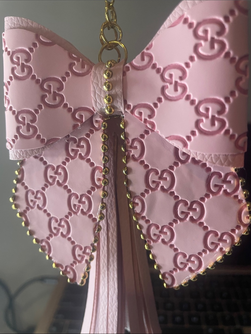 💖large Pink Double Sided Bow Keychain with Tassel